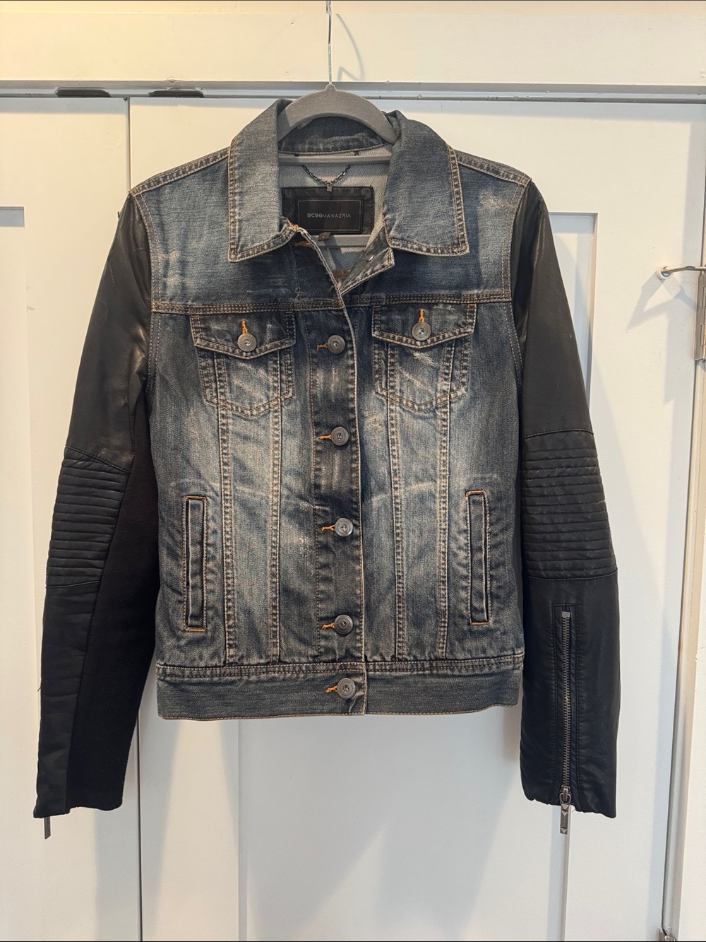 BCBGMaxazria Distressed Denim/Faux Leather Jacket